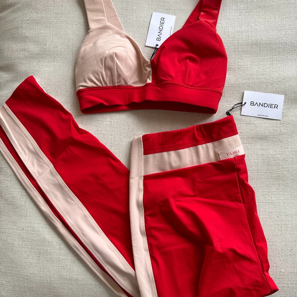 Bandier X VAARA Freya Tuxedo Athletic Workout Set Red and Pourdre Size Small NWT